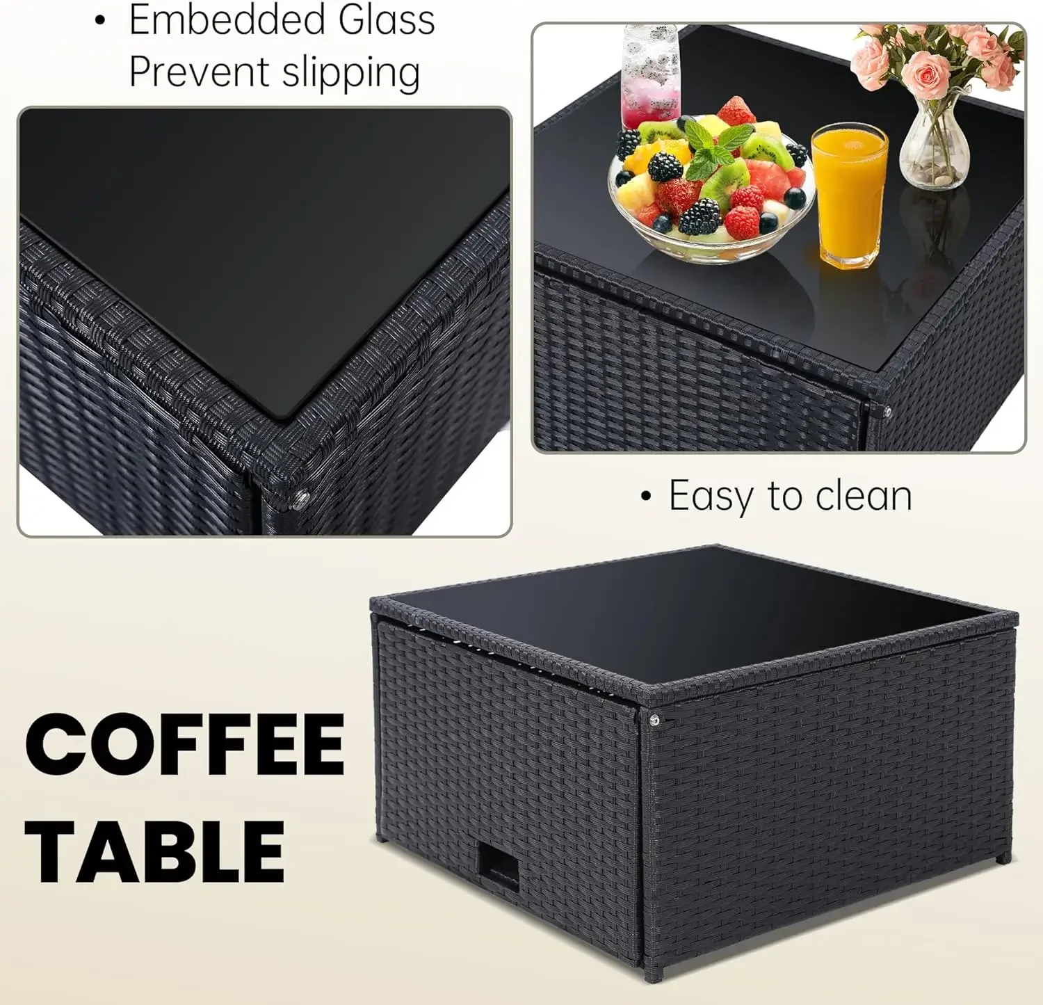 8 Pieces Outdoor Wicker Rattan Patio Furniture Sectional Set, Glass Top Table with Hidden Storage, Black Color Rattan