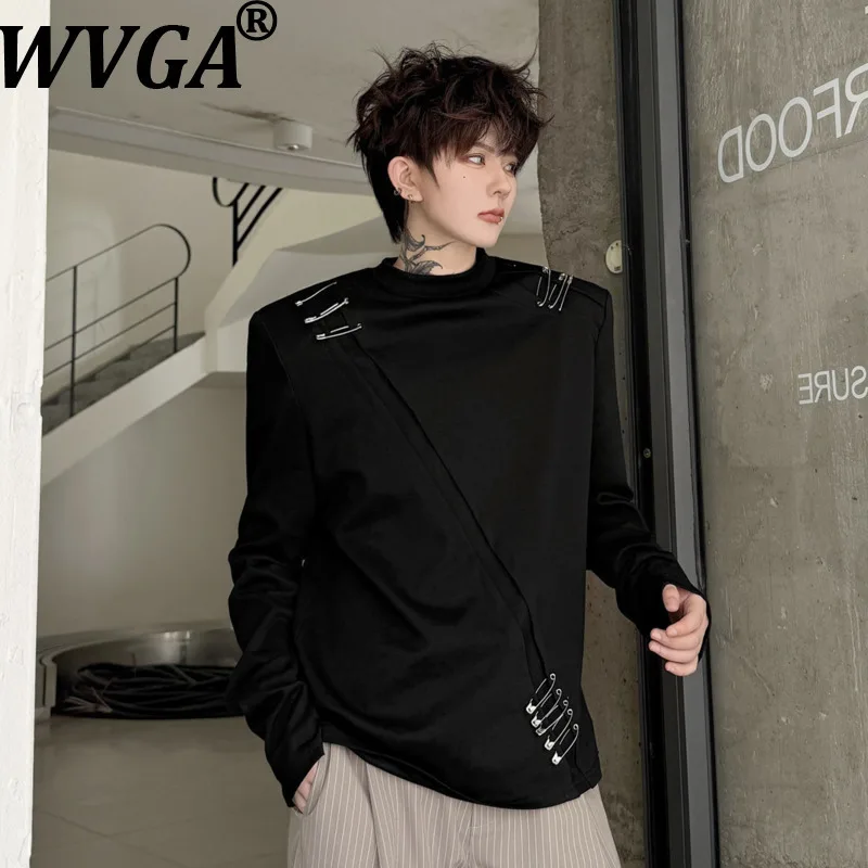 WVGA 2026 Autumn New Men Solid Color Stand Collar Long Sleeved T-Shirts Niche Chic Casual Decorative Pins Trendy Tops Ins W27086