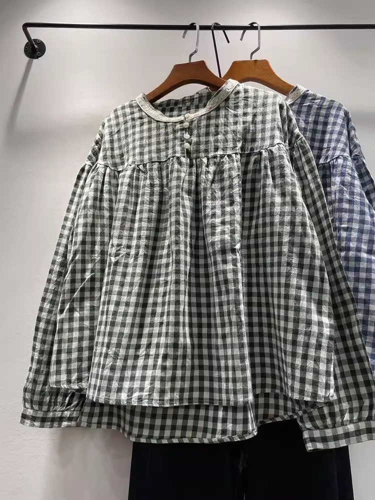 Bust 134cm plus size tops Japanese mori girl autumn winter cotton check shirts women long sleeve blouses loose pullover