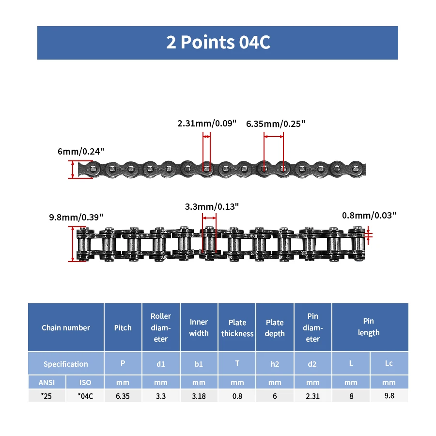 1PC 2 Points 04C Roller Chain 500mm 1000mm 1500mm 2000mm 5000mm Sturdy And Durable Industrial Transmission Chain for CNC Parts