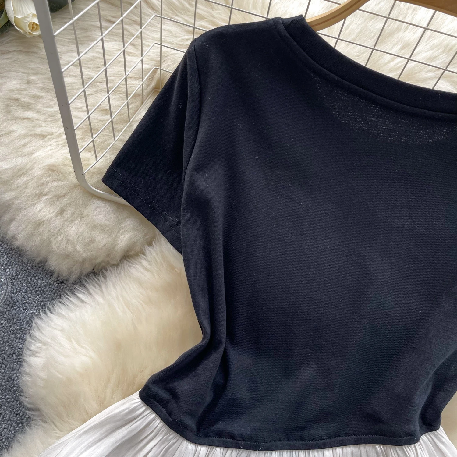 Chic Elegant sexy short sleeve o neck ruffle PATCHWORK t shirt Top Vintage Korean Fairy Crop Top basics summer Wome