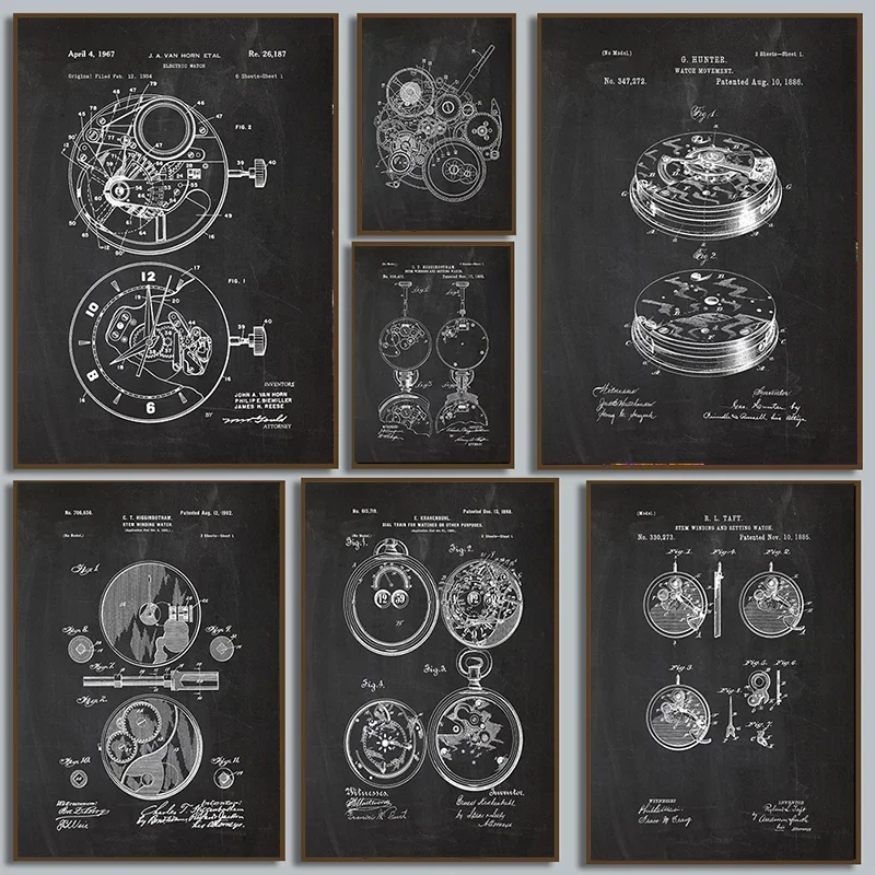 Gear Bearings Watch Construction Diagram Canvas Poster  Modern Patent Drawings Wall Art Picture  Home Decor for Mechanics  Uniqu