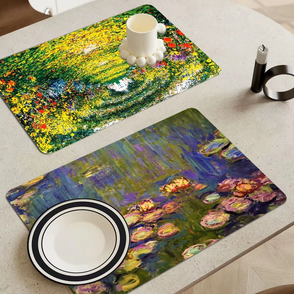 Claude Monet Printed Dish Drying Mat Super Absorbent Coffee Drain Pad Tableware Quick Dry Rug Kitchen Dinnerware Placemat