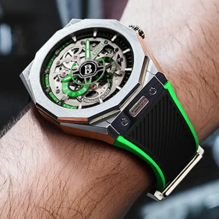 

BONEST GATTI Мужские автоматические часы 42 мм Механические наручные часы 50 м Водонепроницаемые сапфировые светящиеся скелетонизированные циферблаты 24 часа