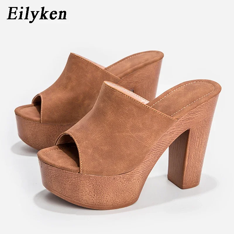 Eilyken Fashion Wood Grain High Heels Women Slippers Summer Roman Gladiator Peep Toe Platform Casual Ladies Shoes Sandals