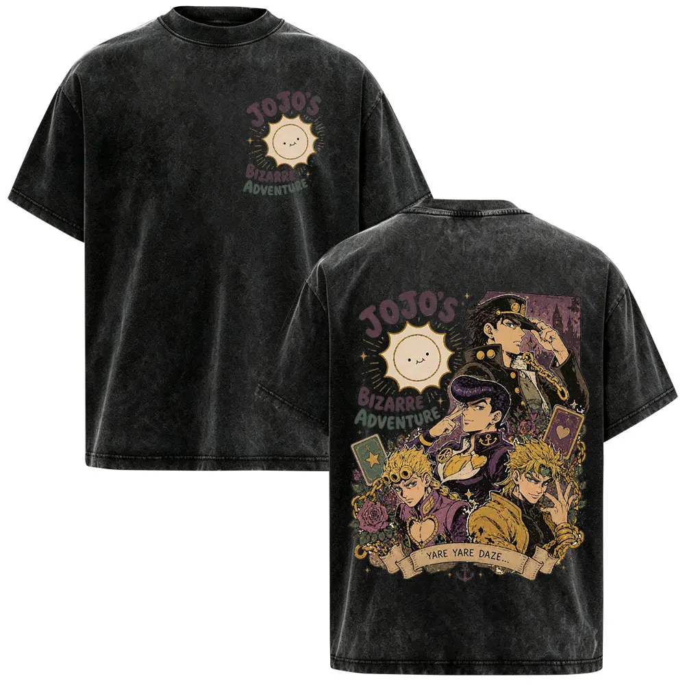 Anime Jojo Bizarre Adventure Giorno Giovanna Kujo Jotaro Vintage Washed T-shirt Men's Clothing Oversized Short Sleeve T Shirts