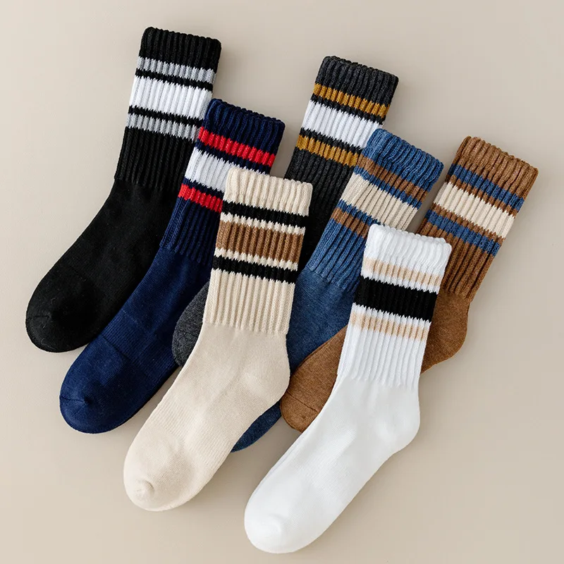 5 Pairs Men's Socks Set Stripe Japanese Winter Thick Warm Sports High-quality Socks Simple Preppy Style Versatile Mid Tube Socks