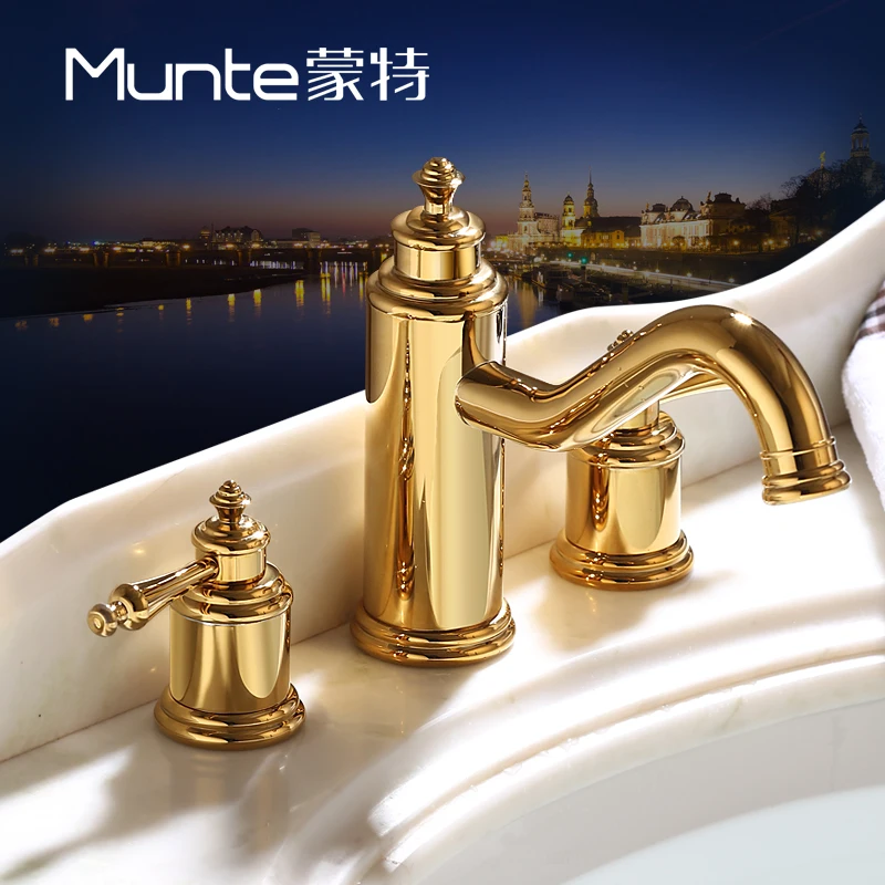 Hotel gold all copper retro washbasin hot and cold faucet bathroom three hole split washbasin faucet