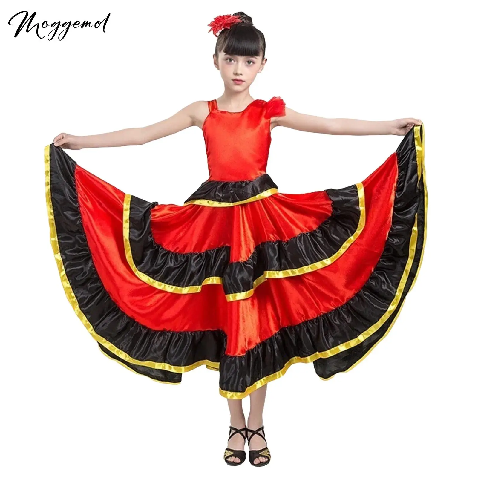 Girls Flamenco Dress Spanish Costume Asymmetrical Shoulder Tiered Ruffles Wide Hem Festival Ballroom Dance Dress with Headwear