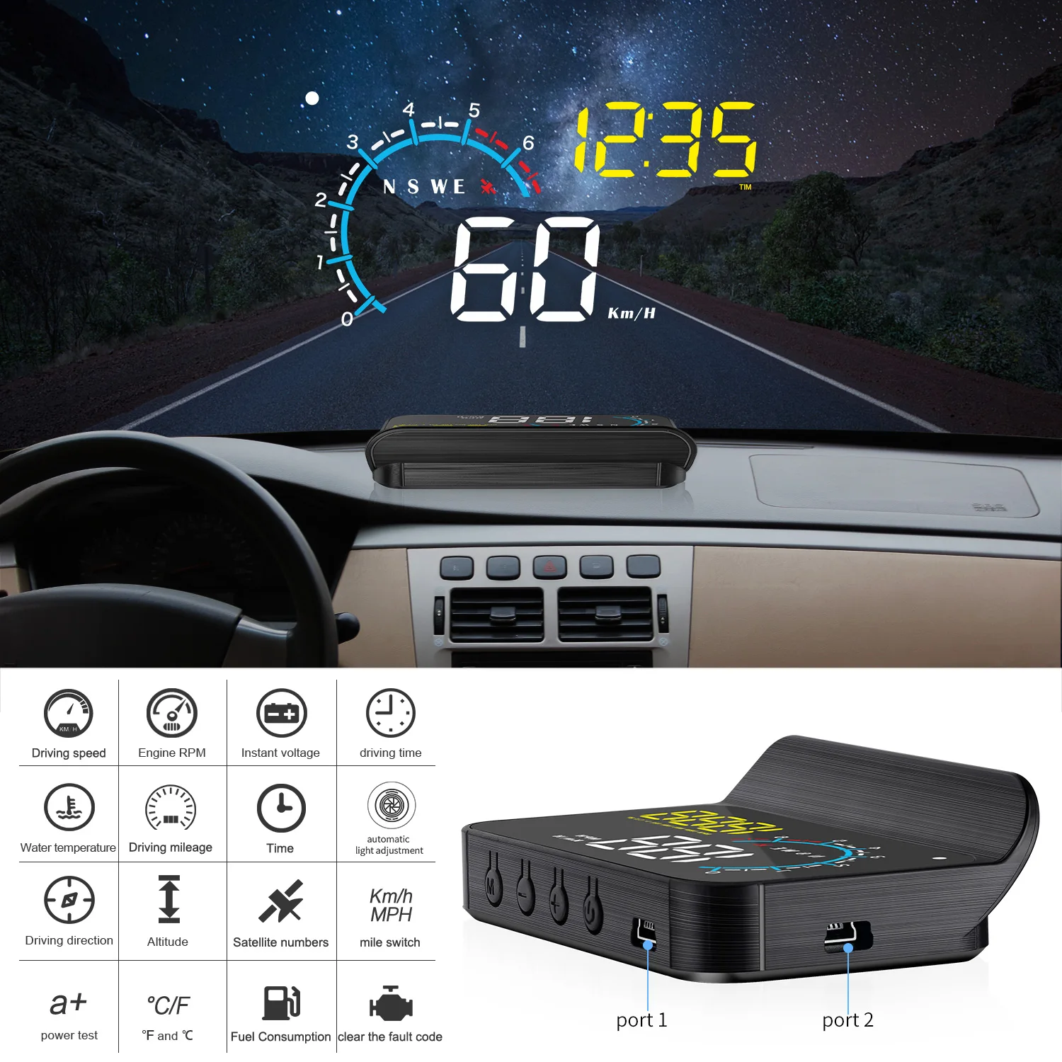 M12 Car GPS+OBD+Slope Head Up Display Digital Clock 4x4 Inclinometer Driving Mileage Speedometer Clock Overspeed Alarm Automatic