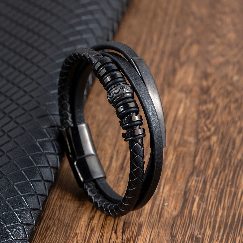 Geometrisches, unregelmäßiges Herrenarmband aus Edelstahl und Leder – Schwarz/Braun, langlebiger Unisex-Schmuck für Freizeit-/formelle Kleidungsgeschenke