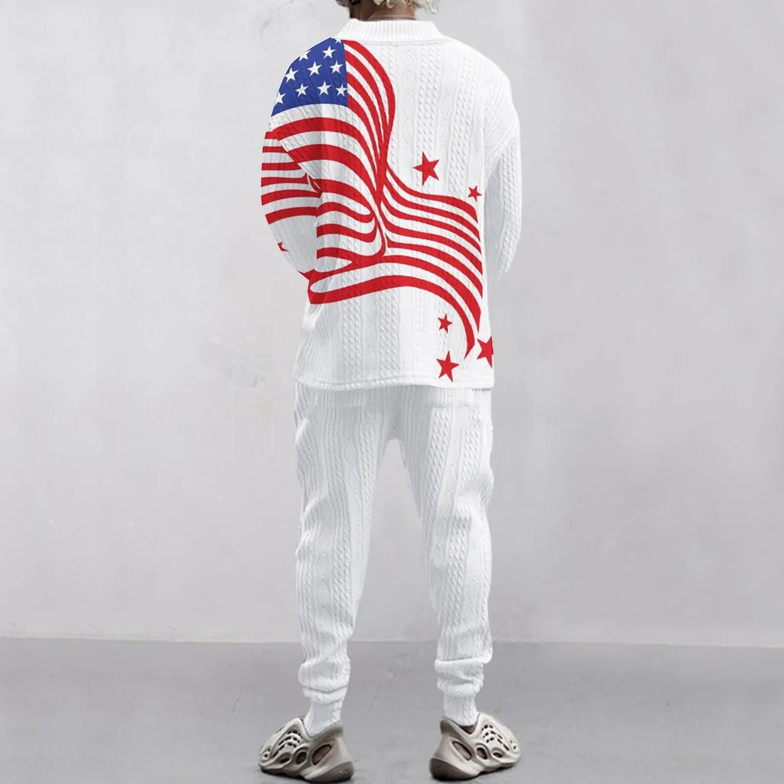 American technology print regular jacquard loose American Flag men's V-neck casual long sleeve pants suit