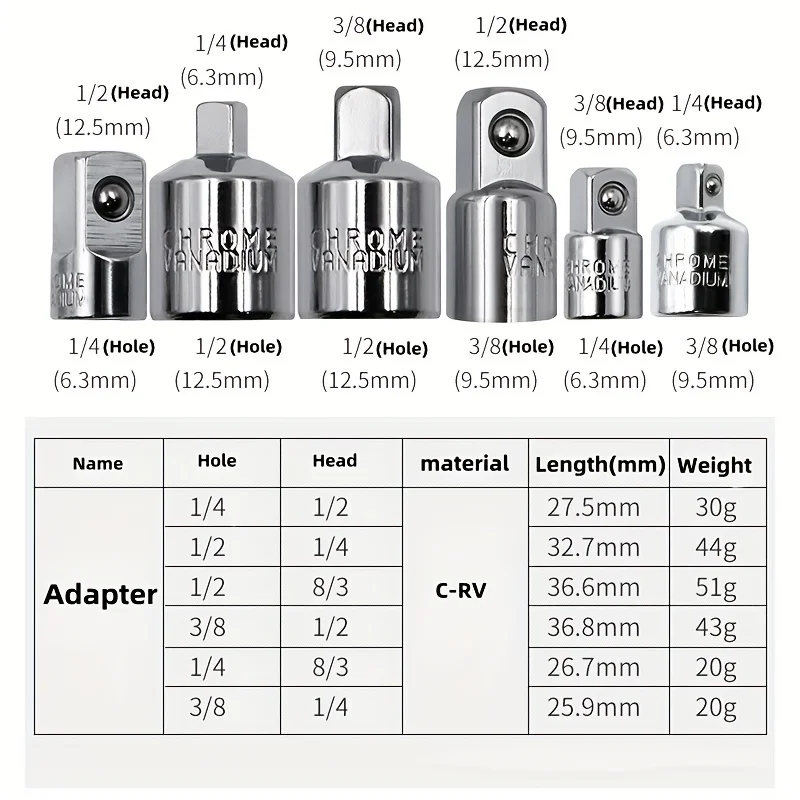 6pcs Ratchet Wrench Socket Converter Sleeve Head Adapter 1/2 \