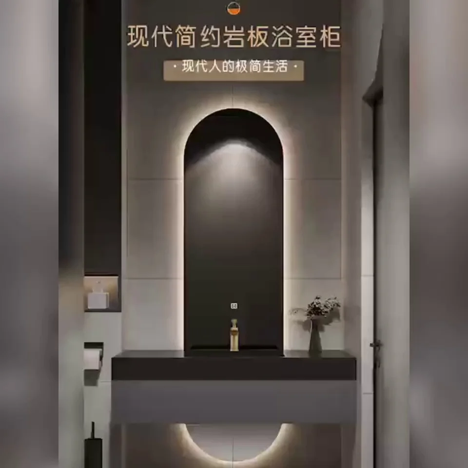 Designer Customized High-end Villa Light Luxury Rock Slab Integrated Basin Bathroom Cabinet Combination Double Mirror Wash image 2