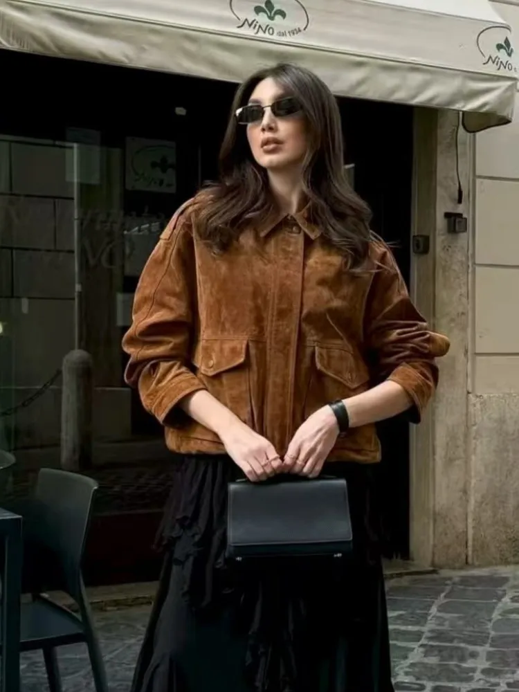 

Новая осенне-зимняя повседневная женская замшевая свободная укороченная куртка с лацканами и длинными рукавами, винтажная верхняя одежда-бомбер с карманами, уличная одежда