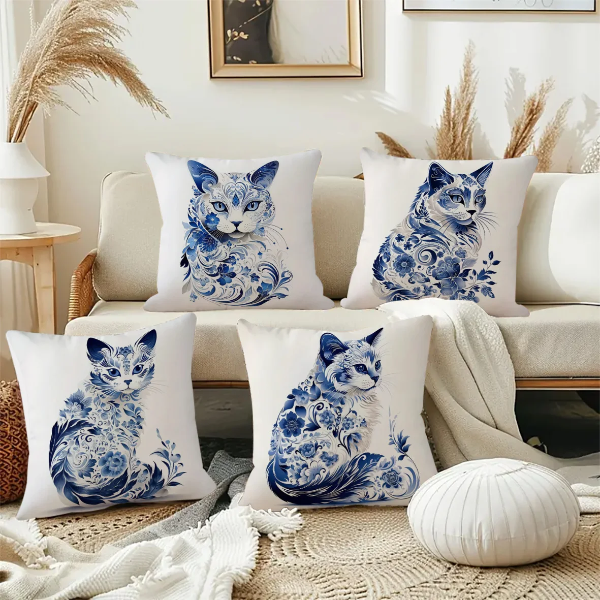 Blue and White Porcelain Cat digital printing pillow cover Short plush Suitable living rooms bedrooms sofas throw cushion cover