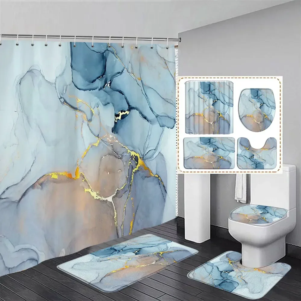 Colourful Marble Shower Curtain and Rug Set Luxury Gold Textured Art Hanging Curtains Bath Mat Toilet Seat Cover Bathroom Decor