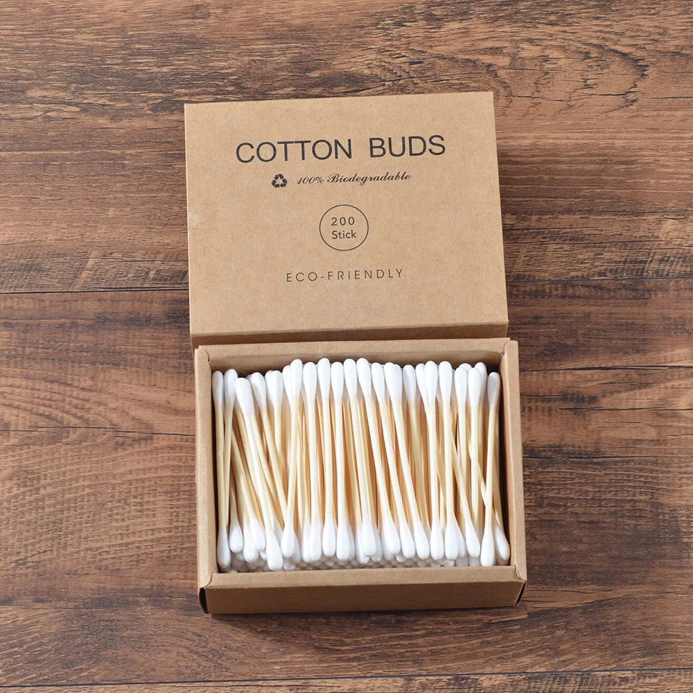 Plastic-Free 200Pcs/Box Double Head Bamboo Cotton Buds Adults Makeup Cotton Swab Wood Sticks Nose Ears Cleaning Health Care Tool