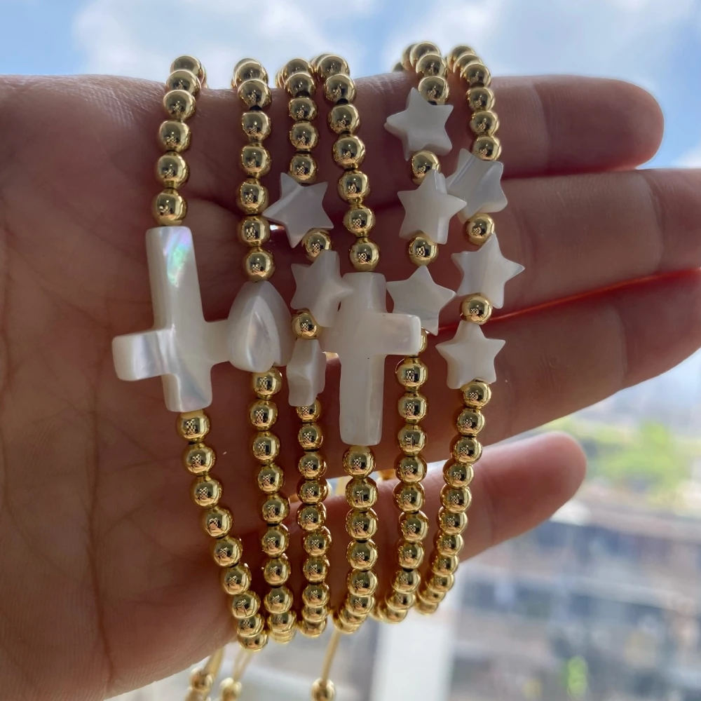 Women's Adjustable Gold Color Shell Charm Beaded Bracelet