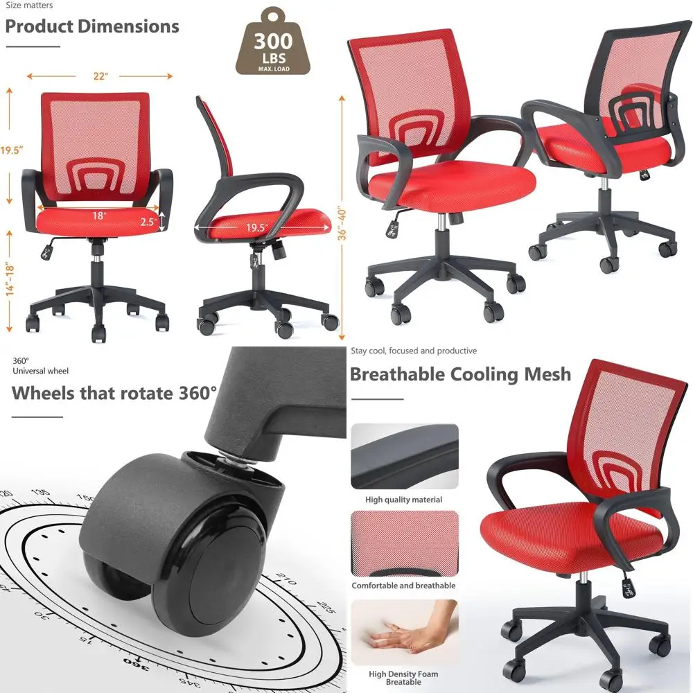كراسي مكتب شبكية مريحة متوسطة الظهر مع دعم قطني، دوارة قابلة للتعديل، مساند للذراعين مريحة، أحمر، عبوتان