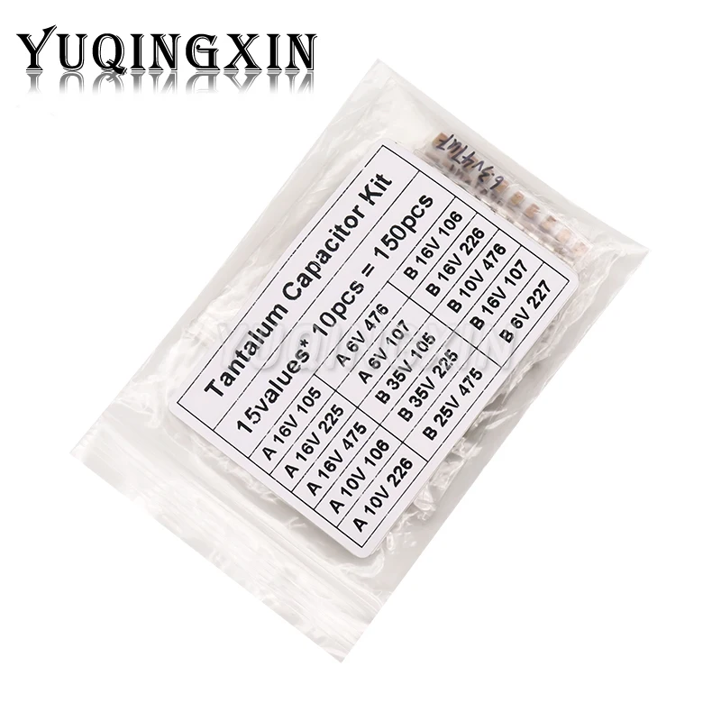 150pcs SMD Tantalum Capacitor Assortment Kit 15Values Each 10pcs 1uF-220uF 2.2uF 4.7uF 10uF 47uF A/B Case Tan Capacitance Set