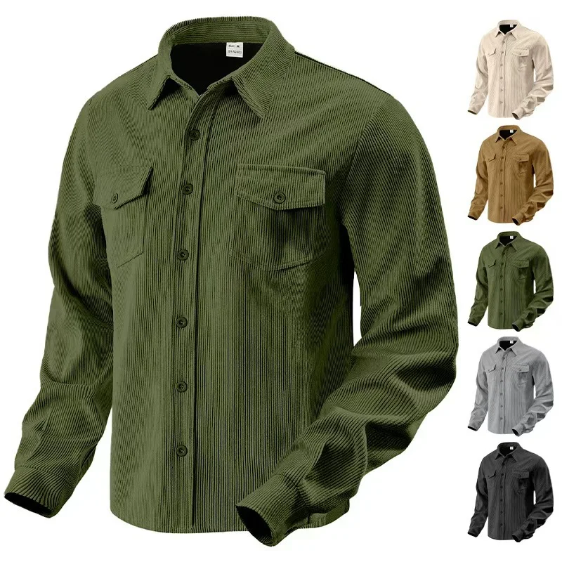 

Men's Vintage Slimming Corduroy Shirts Coats Classic Pocket Single Breasted Shirt Jacket Man Autumn New Street Lapel Outerwear