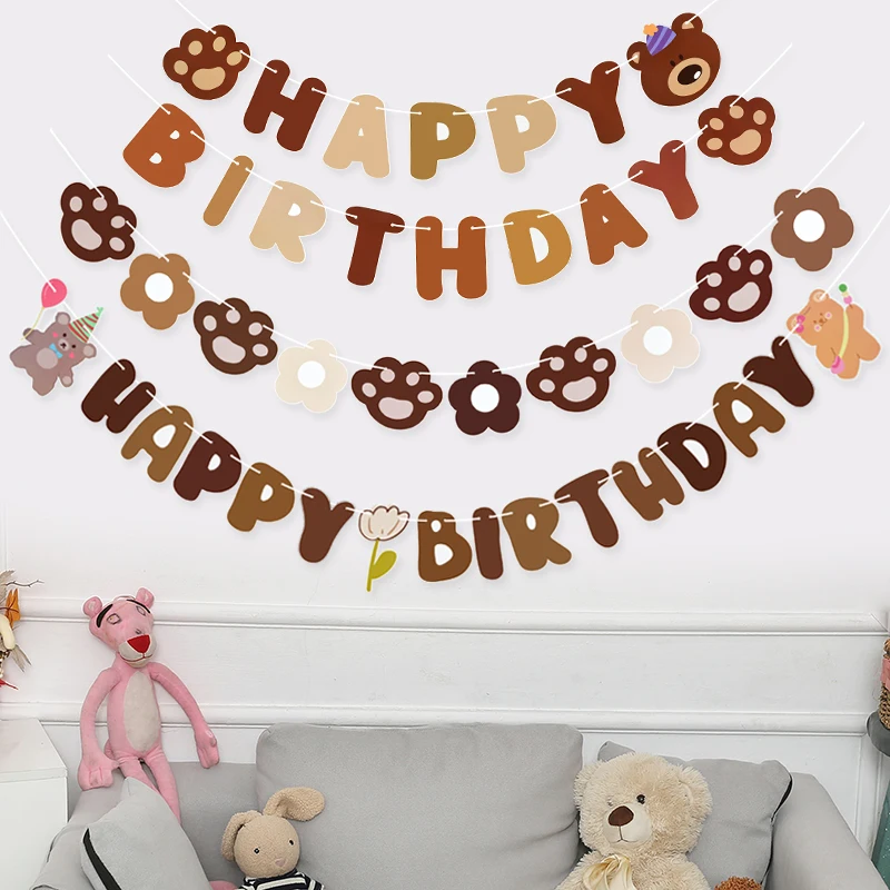 

1SET Cartoon HAPPY BIRTHDAY Brown Bear Letter Pull Flags Layout Car Hanging Banners Arrangement Birthday Baby Shower Party Decor