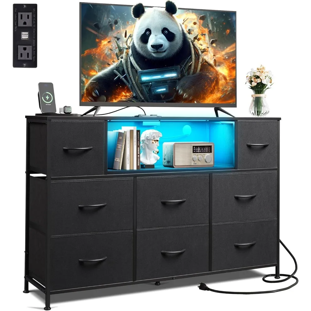 

Black Dresser for Bedroom, TV Stand for Bedroom for 50, 55 inch TV with Charging Station and LED Lights, Fabric Chest of Drawer