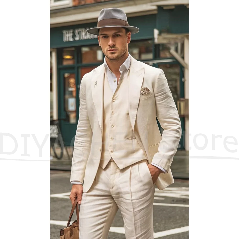 

Chic Linen Men Suits Peak Lapel One Button Business Casual Wear Wedding Party Tuxedo High Quality Customized Male Suit 3 Piece