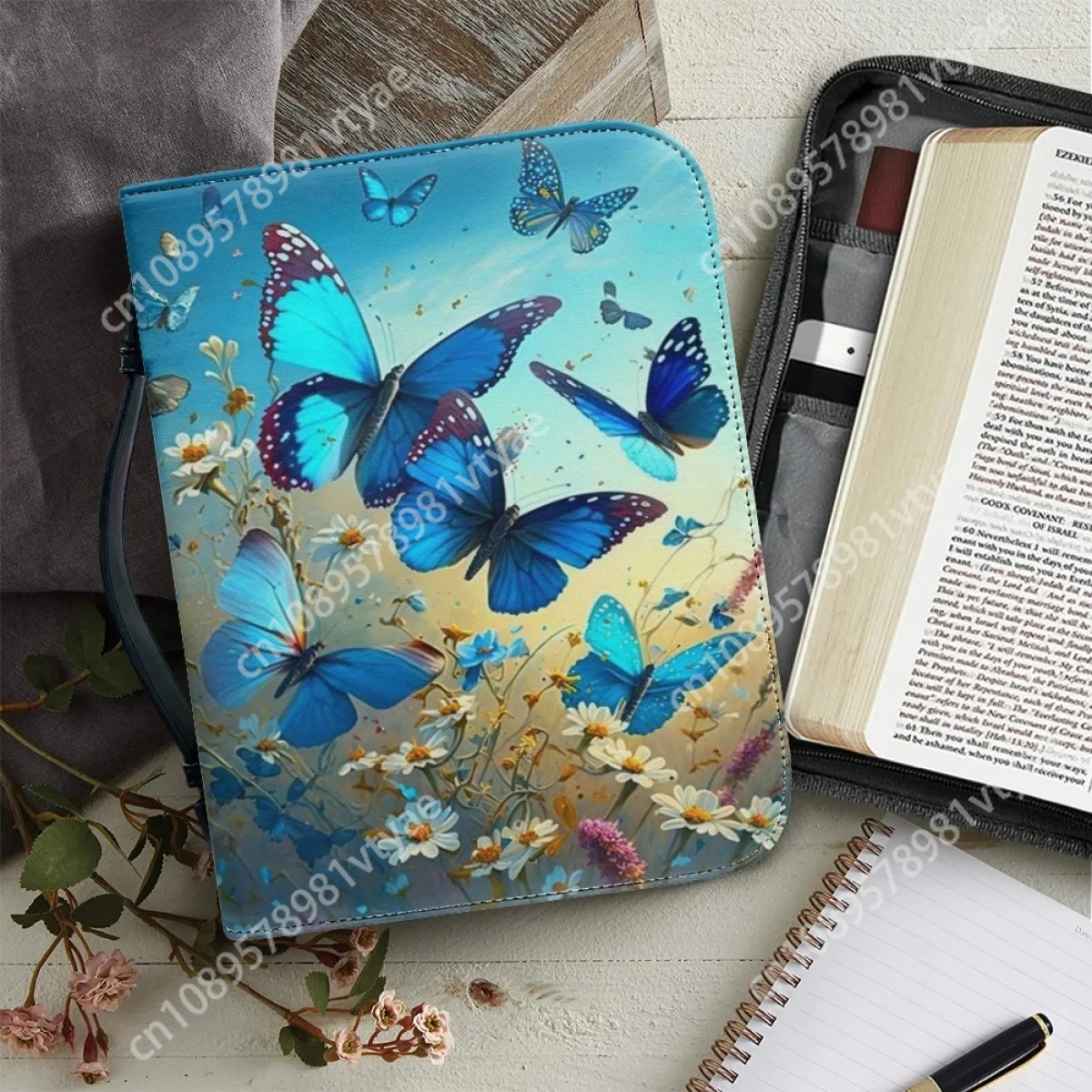 

Fashion Art Butterfly Pattern Print Bible Bag for Women Portable Leather Handbags Zippered Handle Study Book Holy Storage Boxes