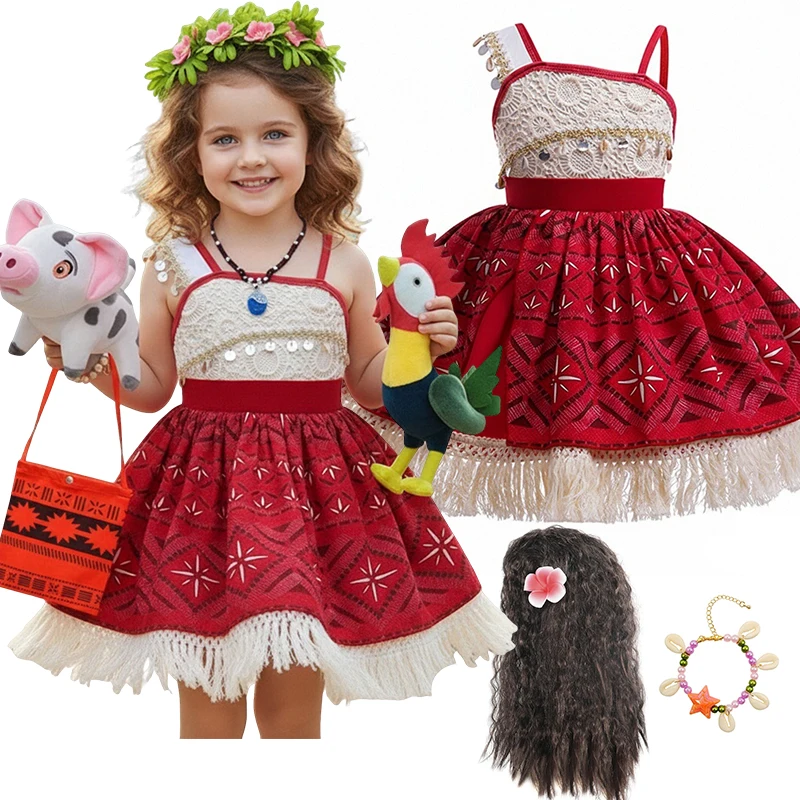Vestido de Fiesta de Verano Disney Moana 2026 para Niñas, Disfraz de Princesa para Carnaval y Navidad con Peluca, Collar y Accesorios