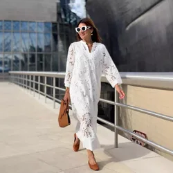 Women's Beach Cape Summer Swimsuit Robe Bath Exits Dress Long Female Outfits 2024 New Casual Loose Vacation Cover Shirt Lace