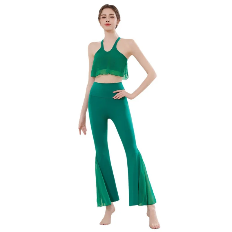 طقم يوجا نسائي رياضي بدون أكمام، حمالة صدر للجري متقاطعة من الخلف، سراويل واسعة للرقص واللياقة البدنية