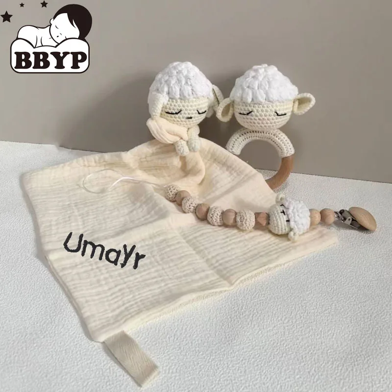 

Персонализированное имя, вязаная крючком кукла-ягненок, овечья погремушка, игрушка, деревянное кольцо для моляров, кольцо для прорезывания зубов, зажимы для соски, набор цепочек, подарки для душа