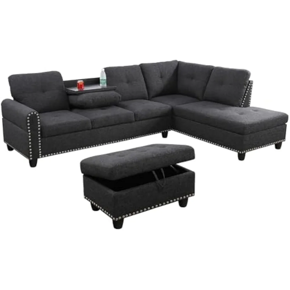 Living Room Furniture, 3-Piece Sectional Set with 2 Cup Holder,L-Shape Chaise Lounge & Storage Ottoman,Sofas & Couches，Furniture