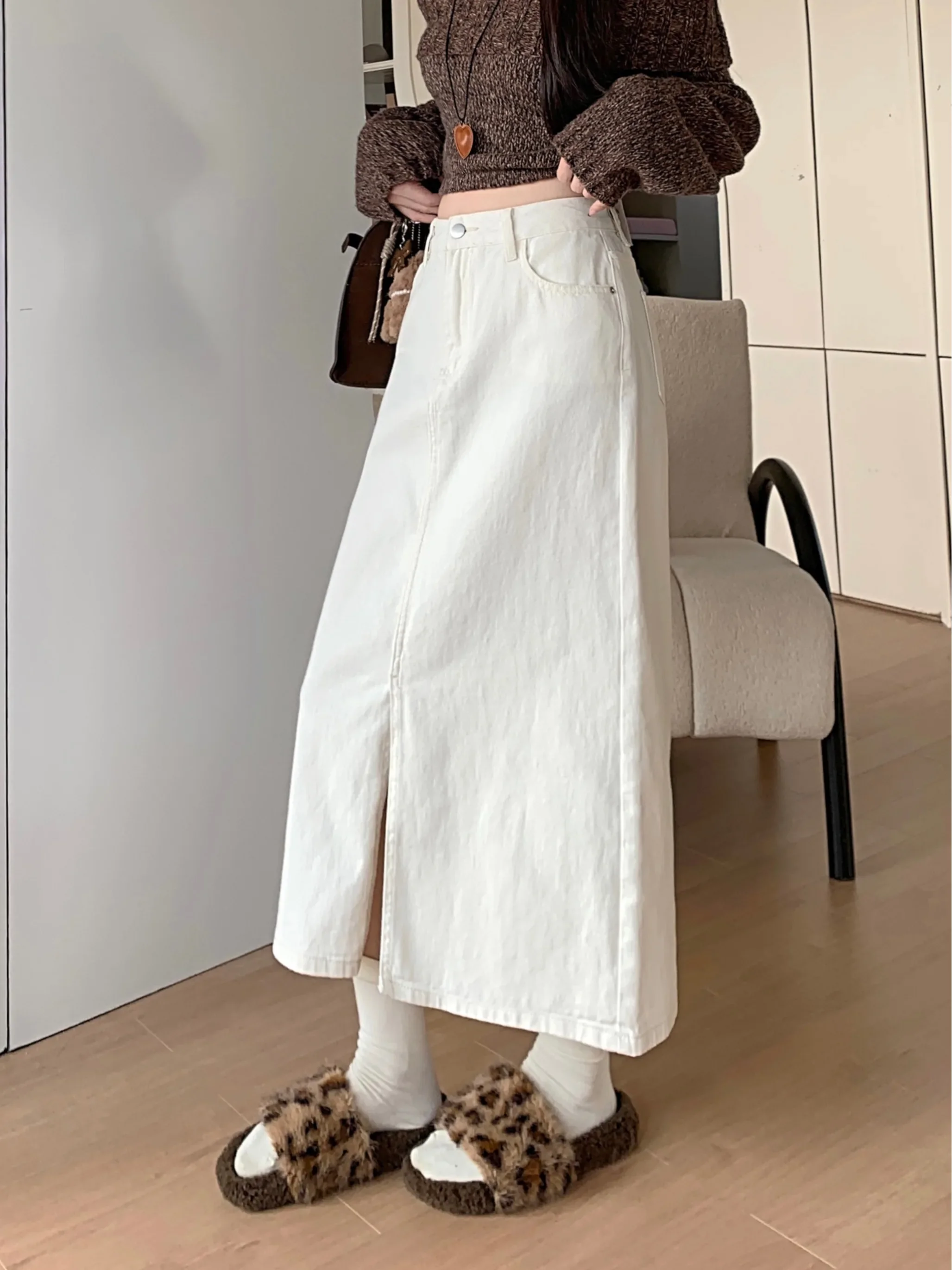 Spring Trendy Slimming White Denim Skirts Korean Sle Commute High Waist A-Line Midi Skirt Women's Denim Half-length