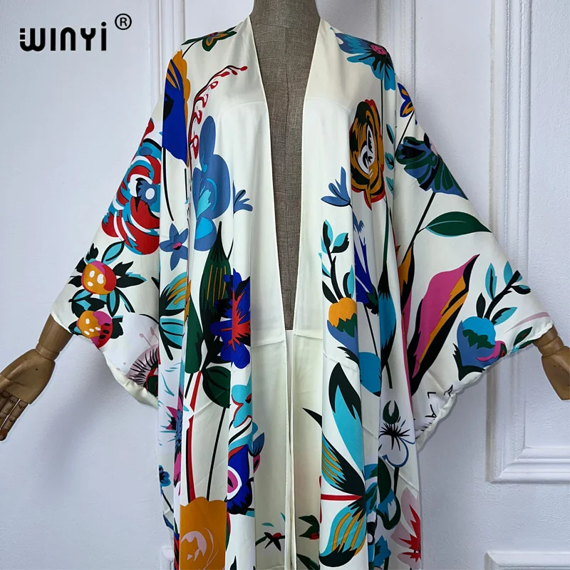 WINYI moda letnia plaża Boho kwiatowy nadruk Cover Up sweter eleganckie wakacyjne Kimono stroje plażowe kobiety sukienka kaftan