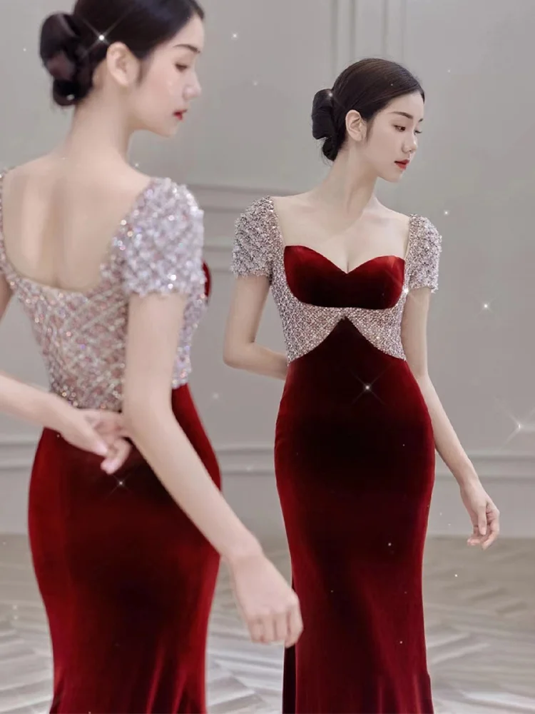 

Ele Red Fi Tail Evening Gown for Women Wedding Reception Banquet Dr Luxury Heavy Embroidery ort Sve Long Dr