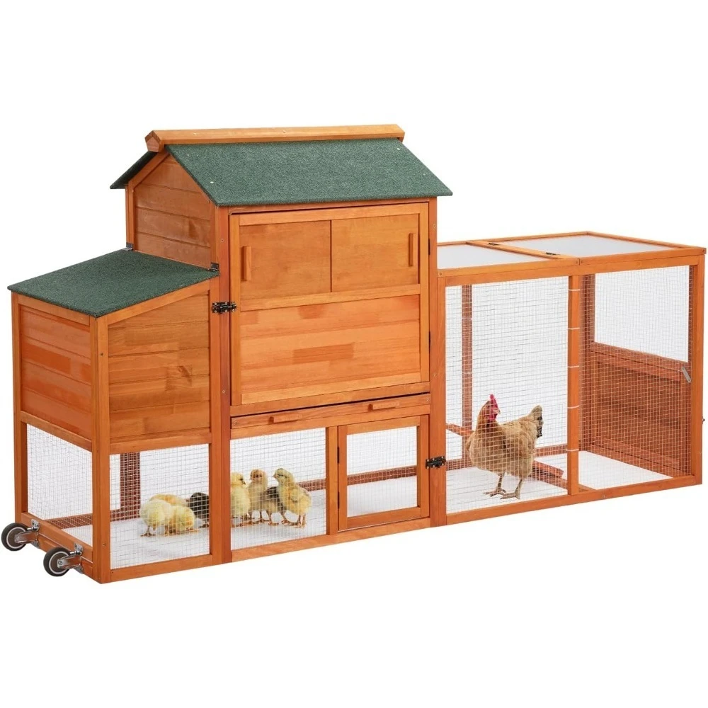 

82" Large Wooden Chicken Coop, Outdoor Rabbit Hutch, Guinea Pig Pet House with Wheels, Sunshine Board, Asphalt Roof, Ramp