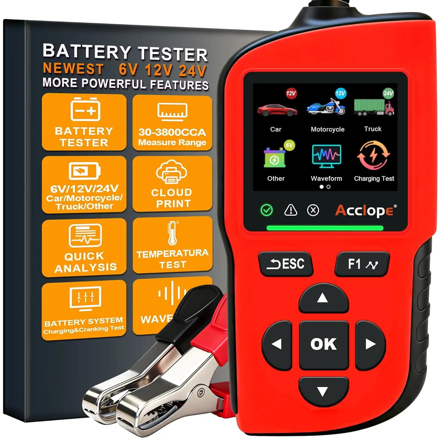 

Digital Battery Analyzer: 6V/12V/24V Tester with Cloud Printing, 30-3800 CCA, SOH/SOC Tests for AGM/EFB/Gel/Li