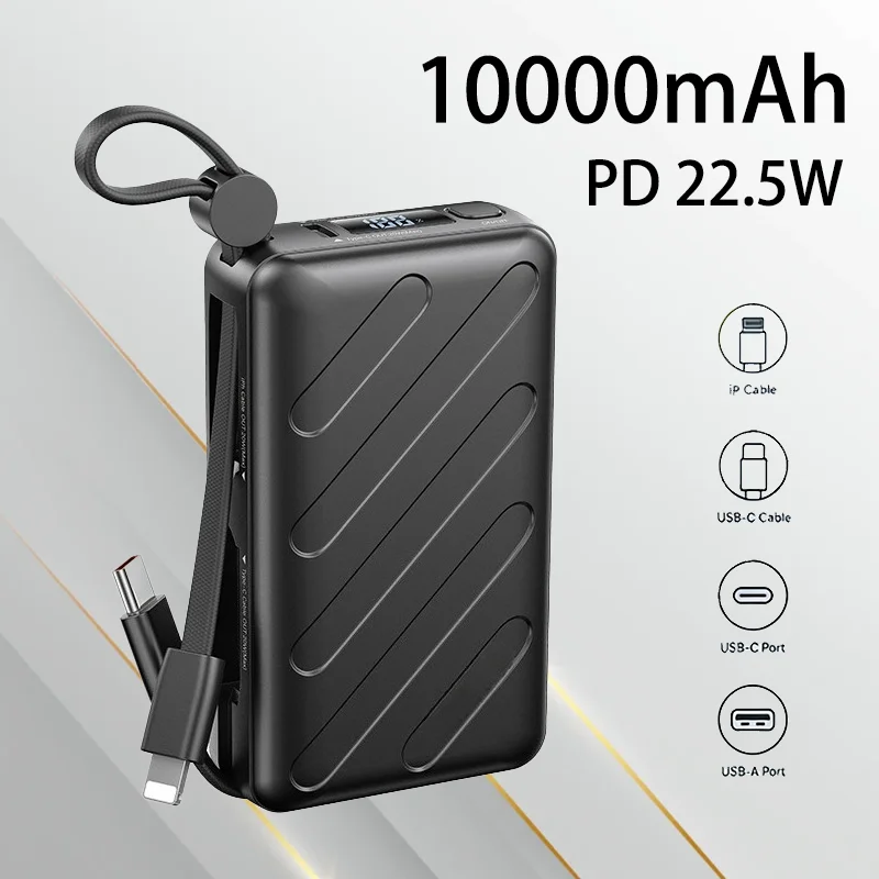 

Mini Portable 10000mAh Power Bank Built in Dual Cable Fast Charging External Battery Pack For Smart Phones Outdoor Daily Life