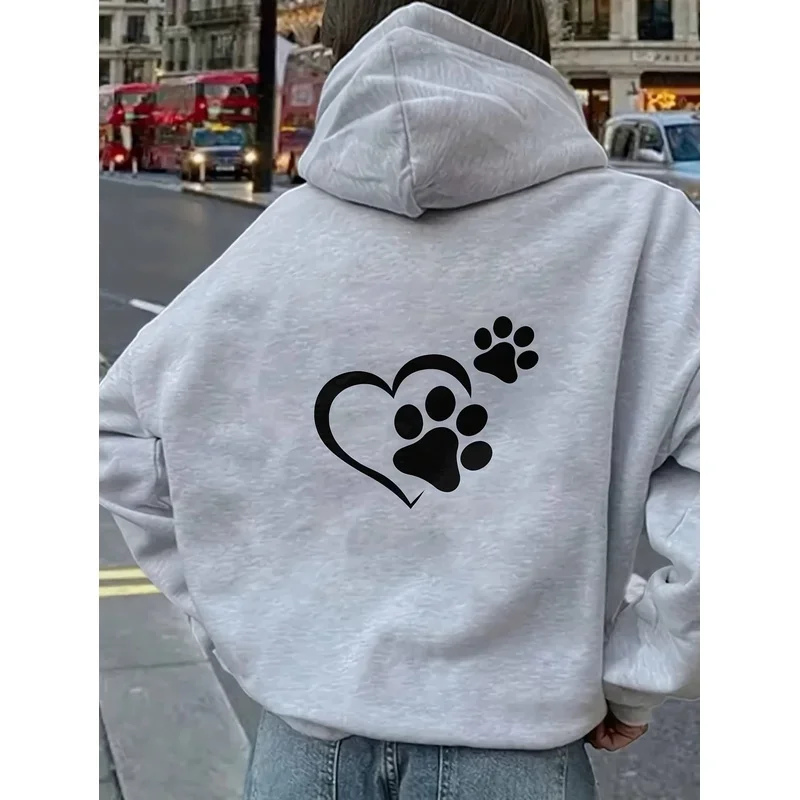 Women Hoodie Heart Paw Print Graphic Sweatshirt Front And Back Print Casual Long Sleeve Pullover With Loose Streetwear Hoodies