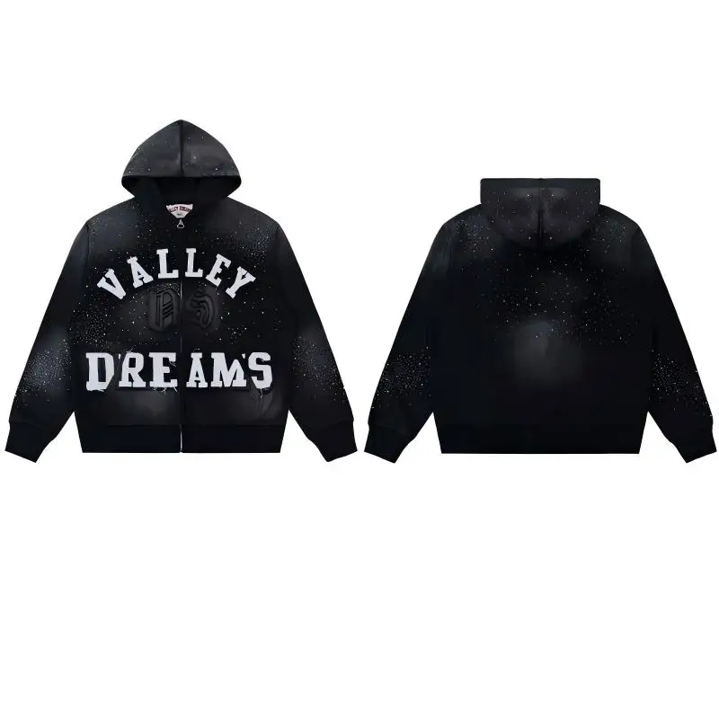 VALE FOREVER Vallery Heavy Embroidered Letter Rhinestone Hooded Zip Up Jacket, American High Street Loose Casual Cardigan