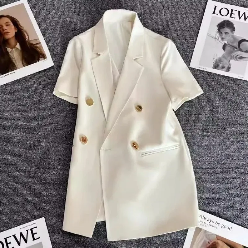 Chaqueta de traje blanca con espalda descubierta para mujer, abrigo de manga corta para dama de oficina, moda coreana, diseñador, alta calidad, forrado, verano, nuevo