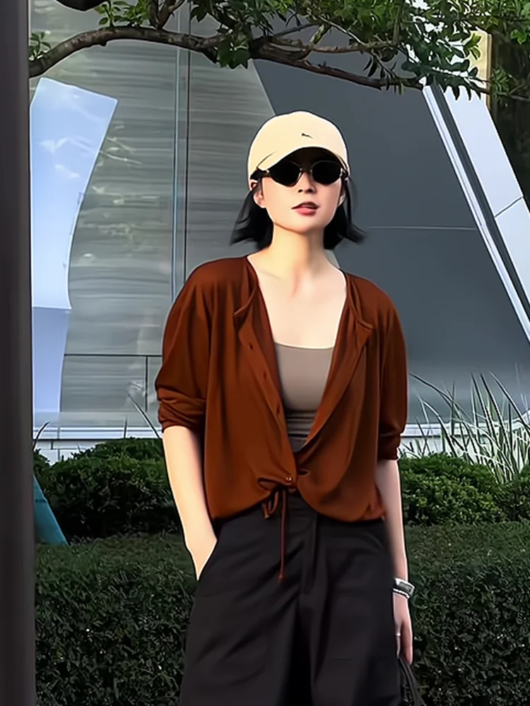 

Caramel Colored Open Cardigan Women's Loose Fit Long Sve irt Belt Design High End Luxury Sle Autumn New Arrival