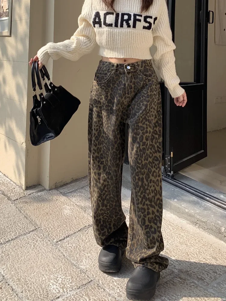 American Vintage Leopard Print Loose Women Jeans Autumn New Classic Straight High Waist Slim Casual Fashion Female Jeans