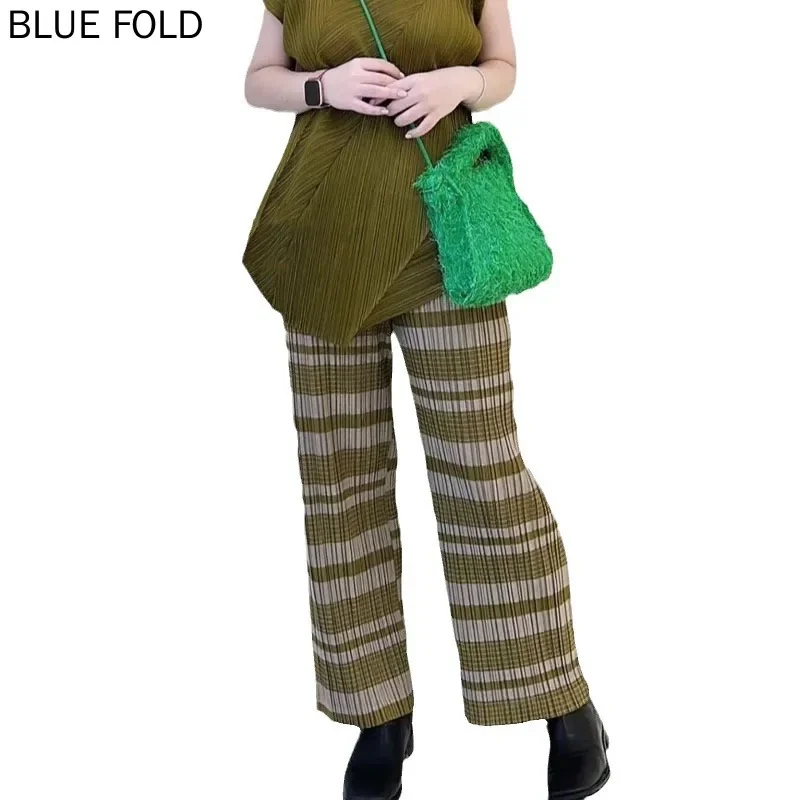 سراويل مياكي عالية الخصر بطيات على شكل حلقة بصل مستقيمة متعددة الاستخدامات ذات ألوان متباينة ملابس عمل عصرية