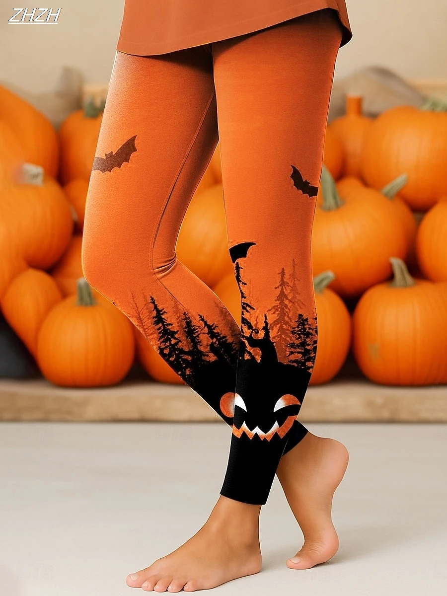여성용 레깅스 2025 할로윈 테마 그래픽 야외용 바지 폴리에스터 스판덱스 신축성 있는 허리밴드, 컨트롤 폴 스트리트웨어