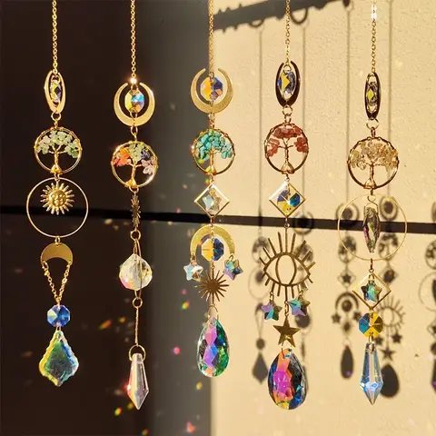 Tree of Life Agate Moon Suncatcher Crystal Pendant Prisms Rainbow Wind Chimes for Home Garden Window Christmas Tree Decoration