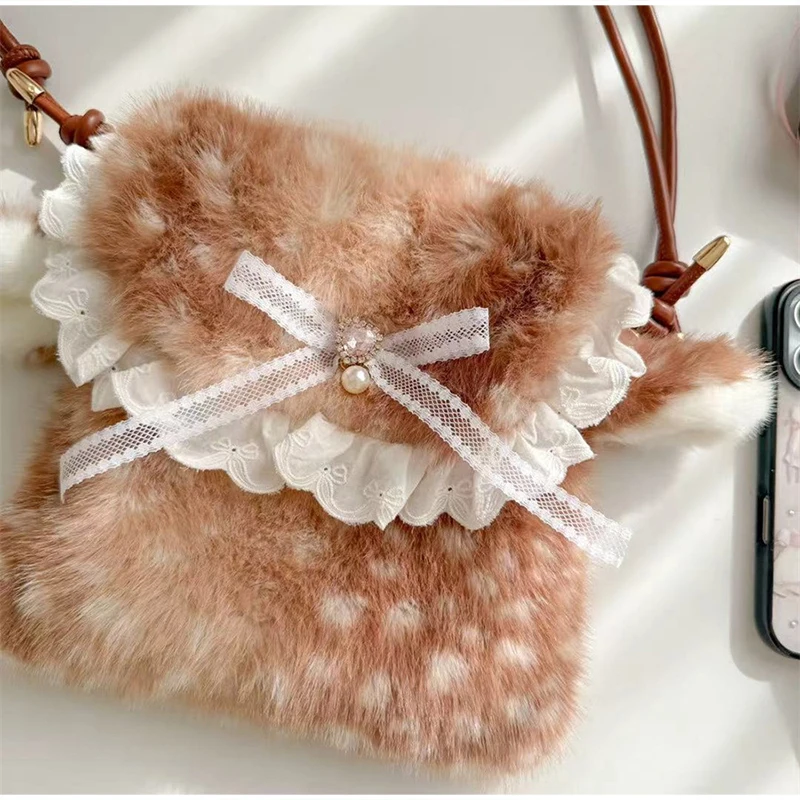 Japanische Hirsch gefleckte Band Plüsch Unterarm Umhängetasche, Mori Girl Elch flauschige Frauen Geldbörse, Winter süße Woodland Fairycore Handtasche – Detail 35
